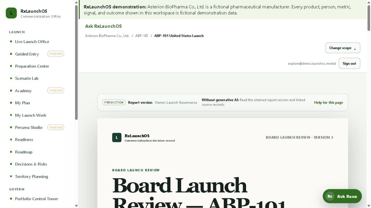 Immutable board launch review shown with fictional Asterion demonstration data