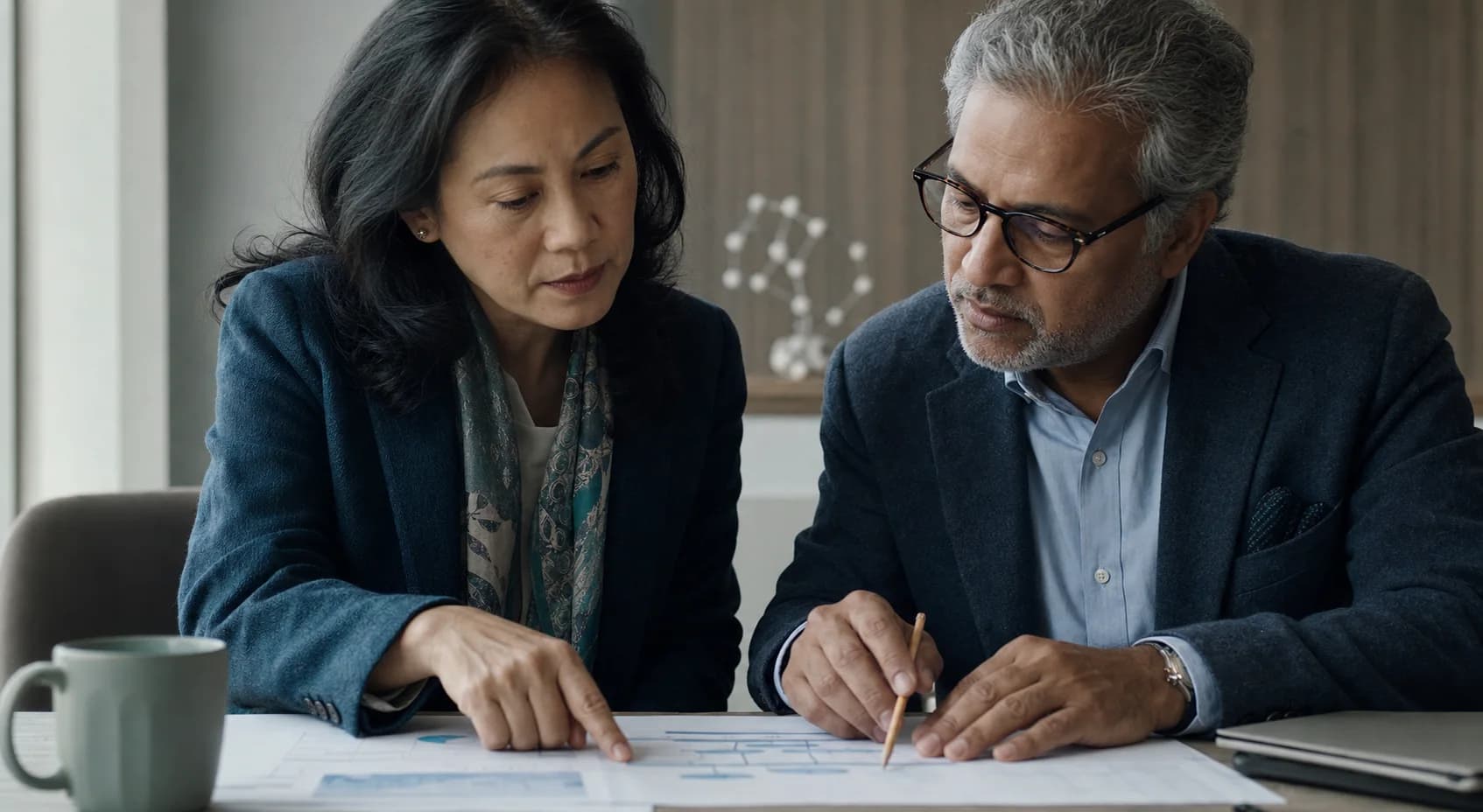 A pharmaceutical scientist and a commercial executive closely reviewing evidence