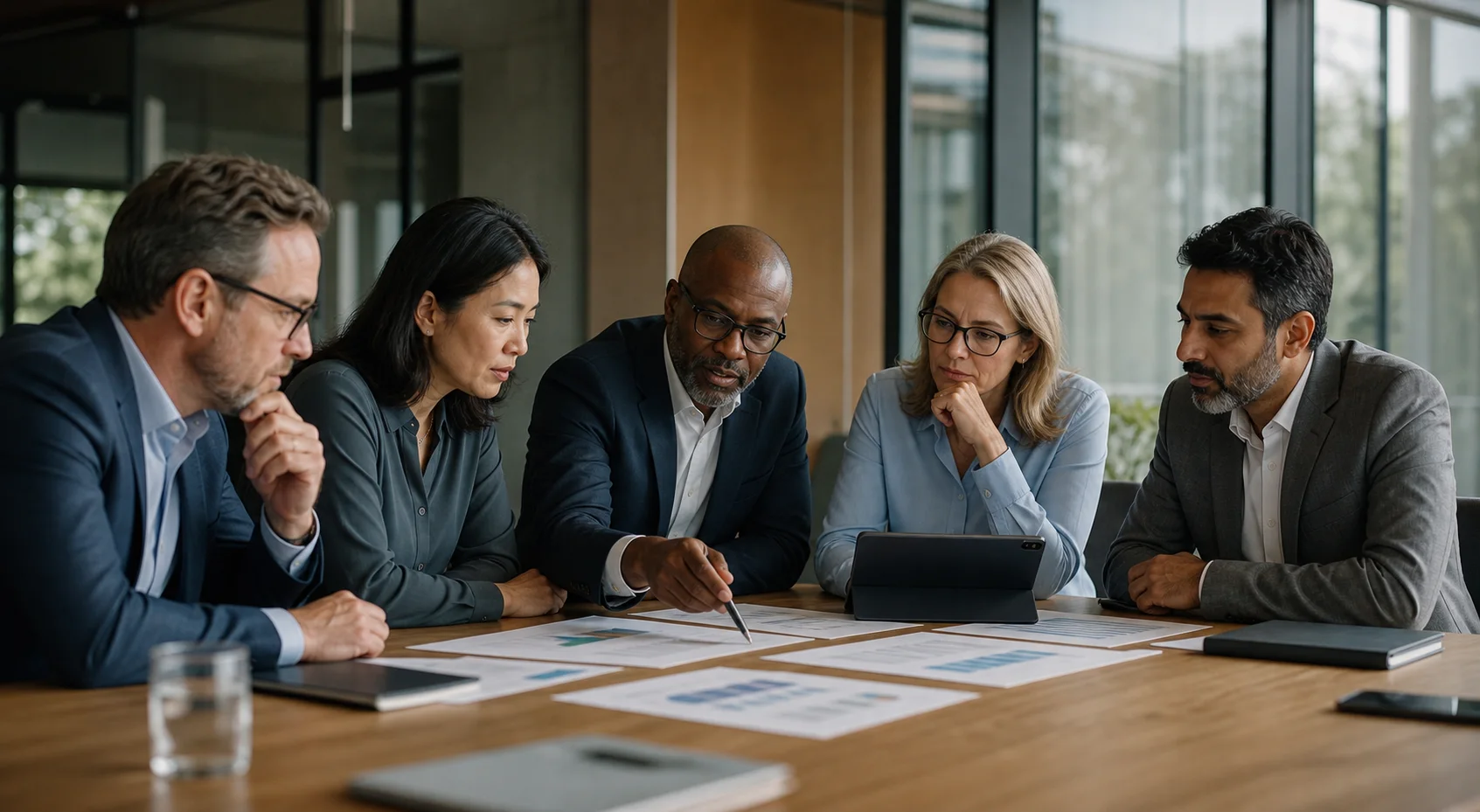 An international group of biopharma leaders working through a launch decision around a table