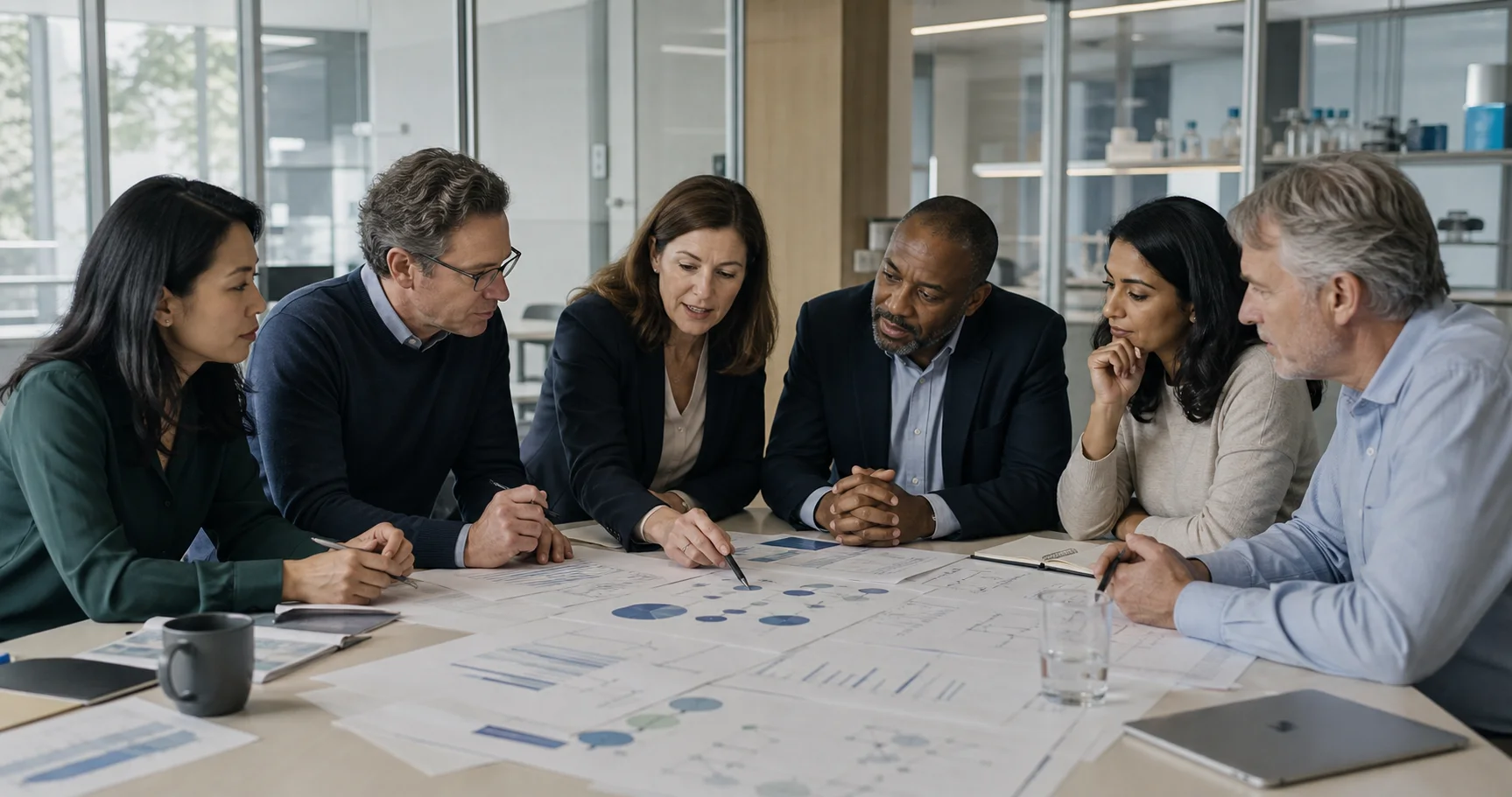A cross-functional group of science and commercial professionals reviewing launch evidence together